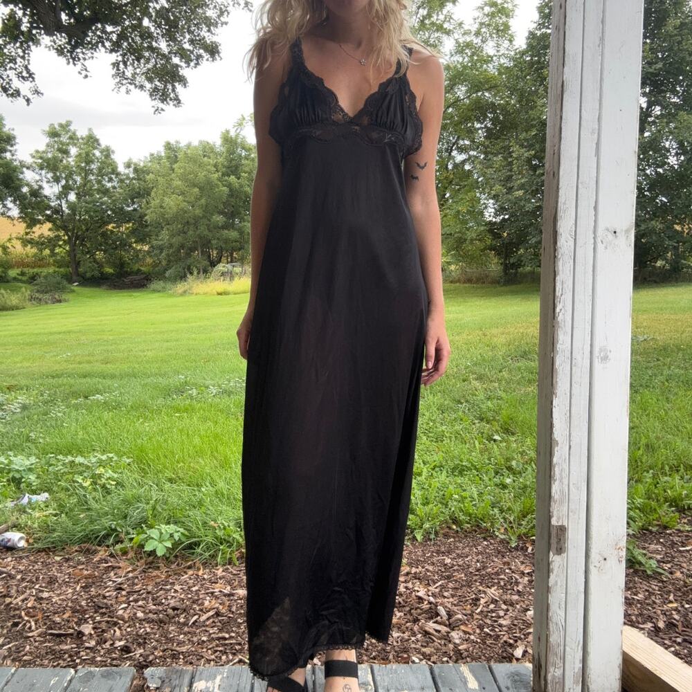 Vintage 70s Sears Black Lace Maxi Slip Dress Gown Size 32/34 Romantic Grunge